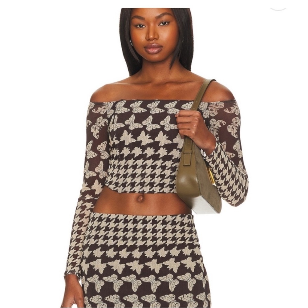 Camila Coelho Brown and Cream Off-Shoulder Houndstooth & Floral Skirt Set